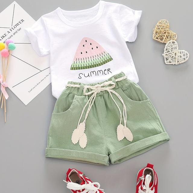 TEMU Girls' Summer New Short Sleeve Set With Watermelon Print Round Neck T-shirt And Casual Shorts Two-piece Outfit, Outdoor
