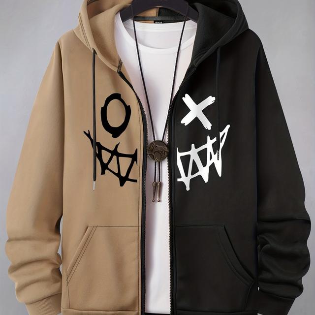 TEMU Stylish & Various Pattern Men's Casual Zip Up Loose Hoodie, Drawstring Hoodie With Kangaroo Pocket, Men's Clothing For Autumn And Winter