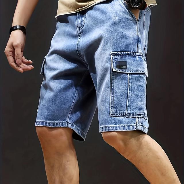 TEMU Men's Stretch Denim Shorts - Multi-pocket Casual Streetwear With Knee-length, Machine Washable Everyday & Formal Shorts For Urban Outfits - Non-see-through Denim Construction