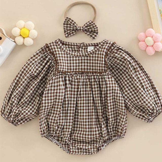 TEMU Girls' Bodysuit, Casual Solid Color Plaid Cotton Onesie With End Headband, Perfect For Outdoor