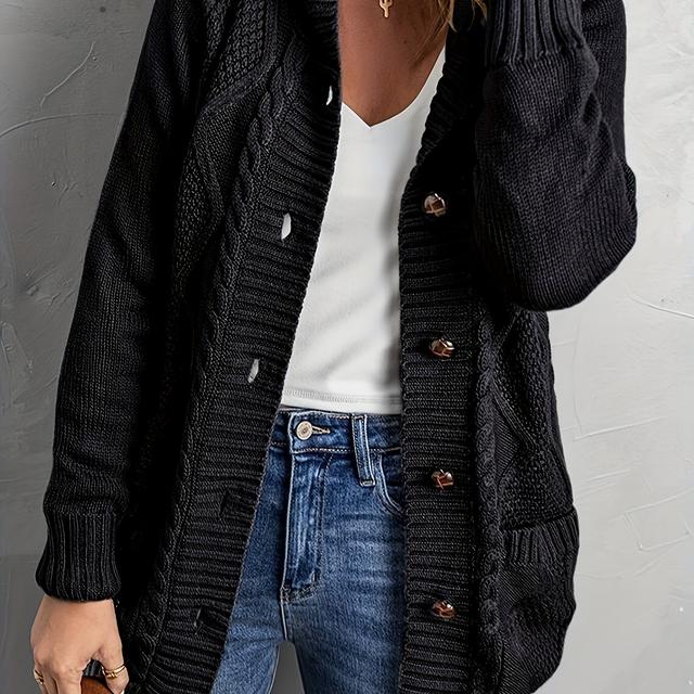 TEMU Lässiger Pullover In Übergröße, Damen-Pullover Mit Langen Ärmeln Und Einfarbigem Zopfmuster Und Knopfleiste Und Kapuze