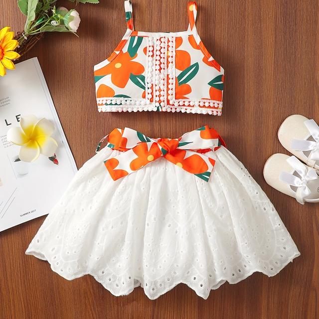 TEMU Summer Girls' Fashion Lace Suspender Dress Set, Cute Casual Embroidered Dress Outfit For Baby Girls, Perfect For Outdoor