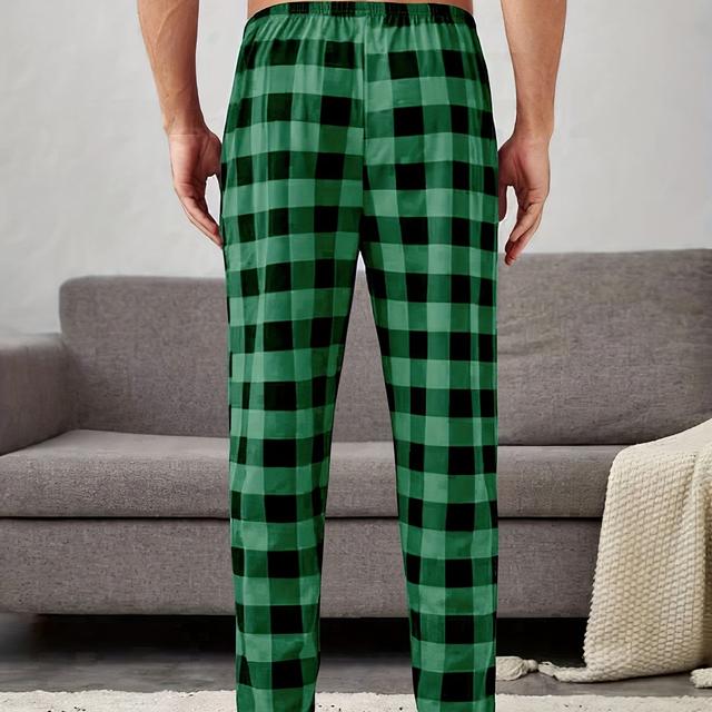 TEMU Men's Casual Checkered Lounge Pants - Mustard & Black Design, Regular Fit, Machine Washable, For Home & Casual Attire, Relaxed Fit, , , Elastic Waistband, Relaxed Style