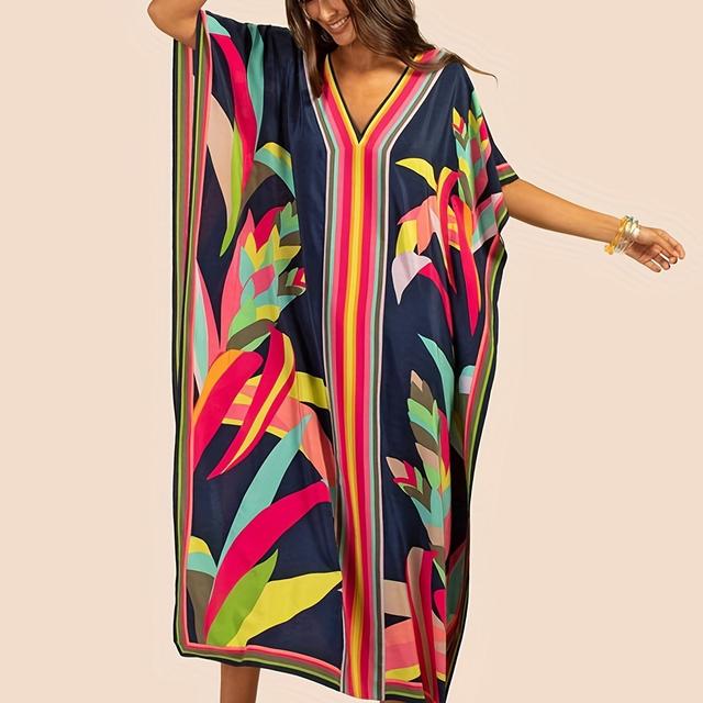 TEMU Placement Print Beach Cover-up Robe Style Casual Vacation Dress Bikini Top