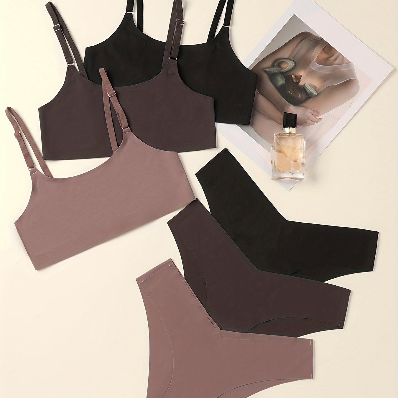 TEMU 3 Pièces Soutien-gorge Et Culotte Solides , Soutien-gorge À Couverture Complète Et Culotte Couture Ensemble de Lingerie, Lingerie Et Sous-vêtements Pour Femmes