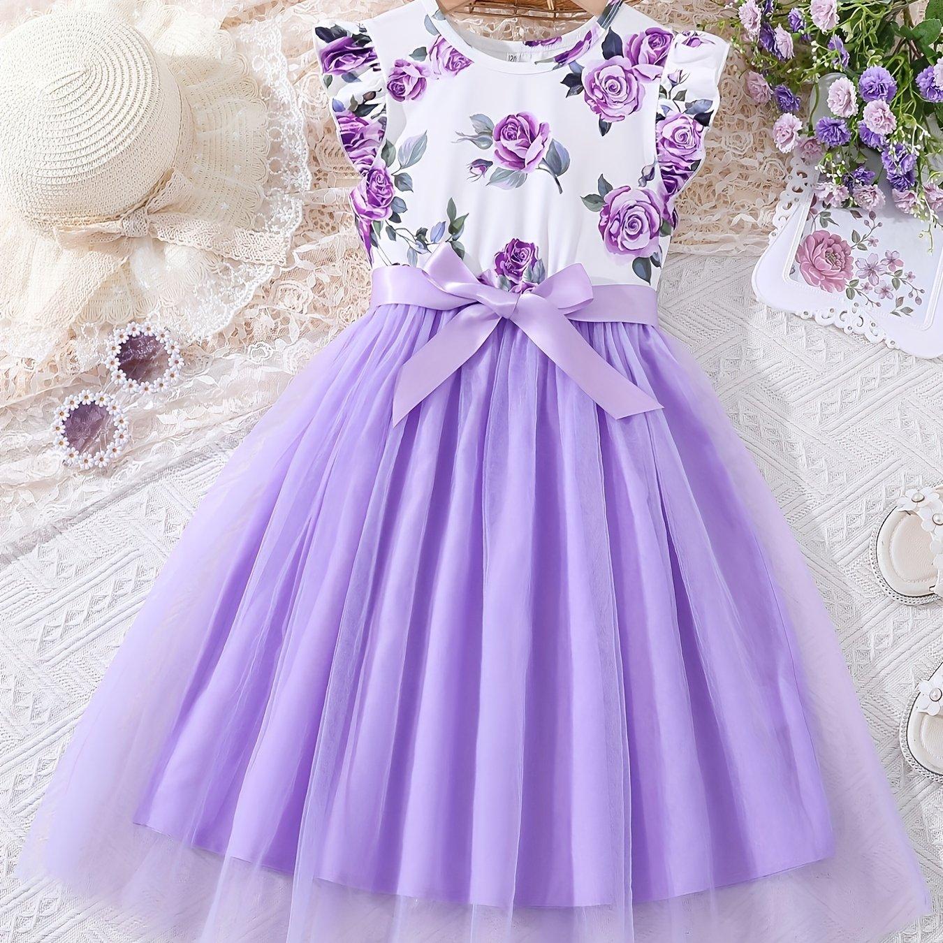 TEMU Girls' Floral Print Mesh Dress With Bow | Elegant Non-stretch Fabric, Regular Fit, Summer Season, Oshiyu Brand
