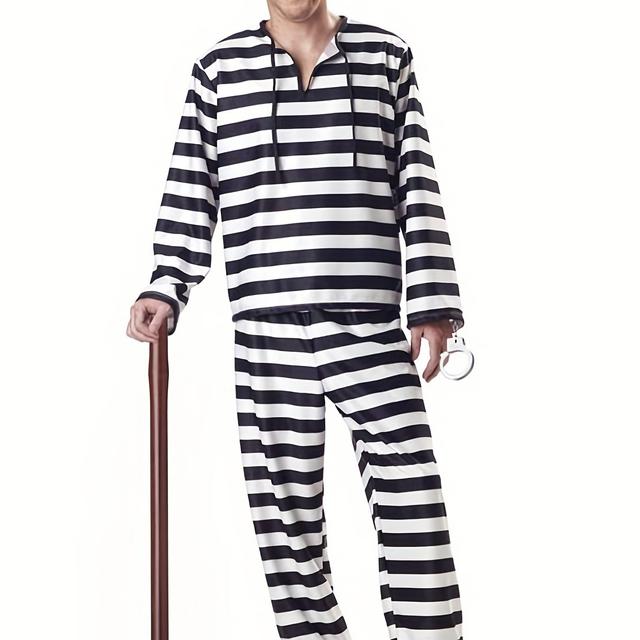 TEMU Halloween Costume Male Prisoner Costume Makeup Ball Party Costume Violent Men's Stripe Prisoner Costume 357
