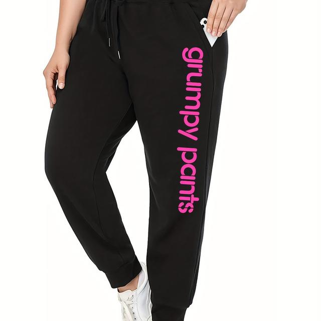 TEMU Plus Size Letter Print Drawstring Sweatpants, Women's Plus Stretch Casual Sweatpants