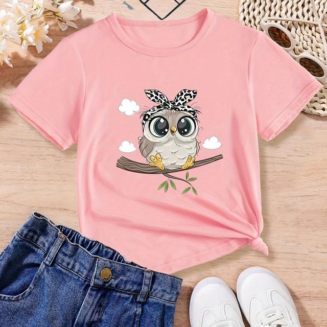 TEMU Mädchen-T-Shirt Mit Süßem Cartoon-Eulen-Aufdruck, Kurzärmelig, Bequeme Passform, Rundhalsausschnitt, Modische Und Vielseitige Kinderkleidung