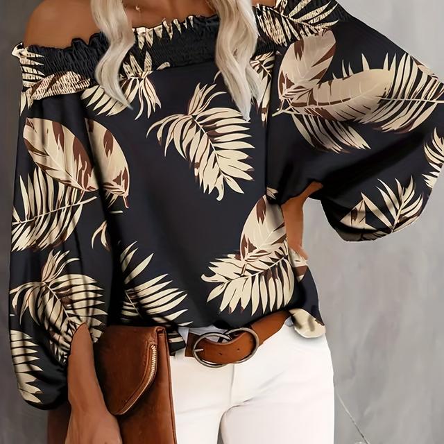 TEMU Plus Size - Plus Size - Plus-size Women's Loose-fitting Vacation Top With Puff Sleeves And A Boat Neckline