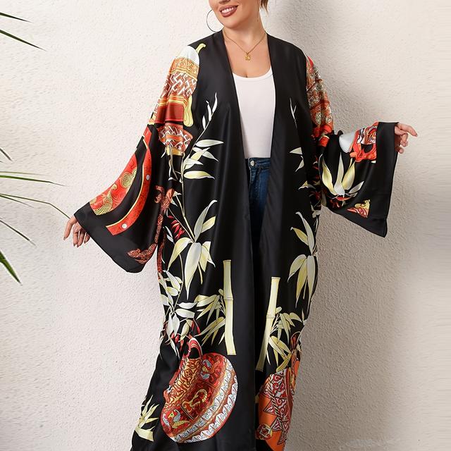 TEMU Damen Bohemian Beach Kimono Cover-Up Kleid - Lebendiger Blumenmuster, Langarm, Asymmetrischer Saum, Leichtgewichtes Polyester, Perfekt für Sommer Strand Ausflüge, Strand Coverup Kleid