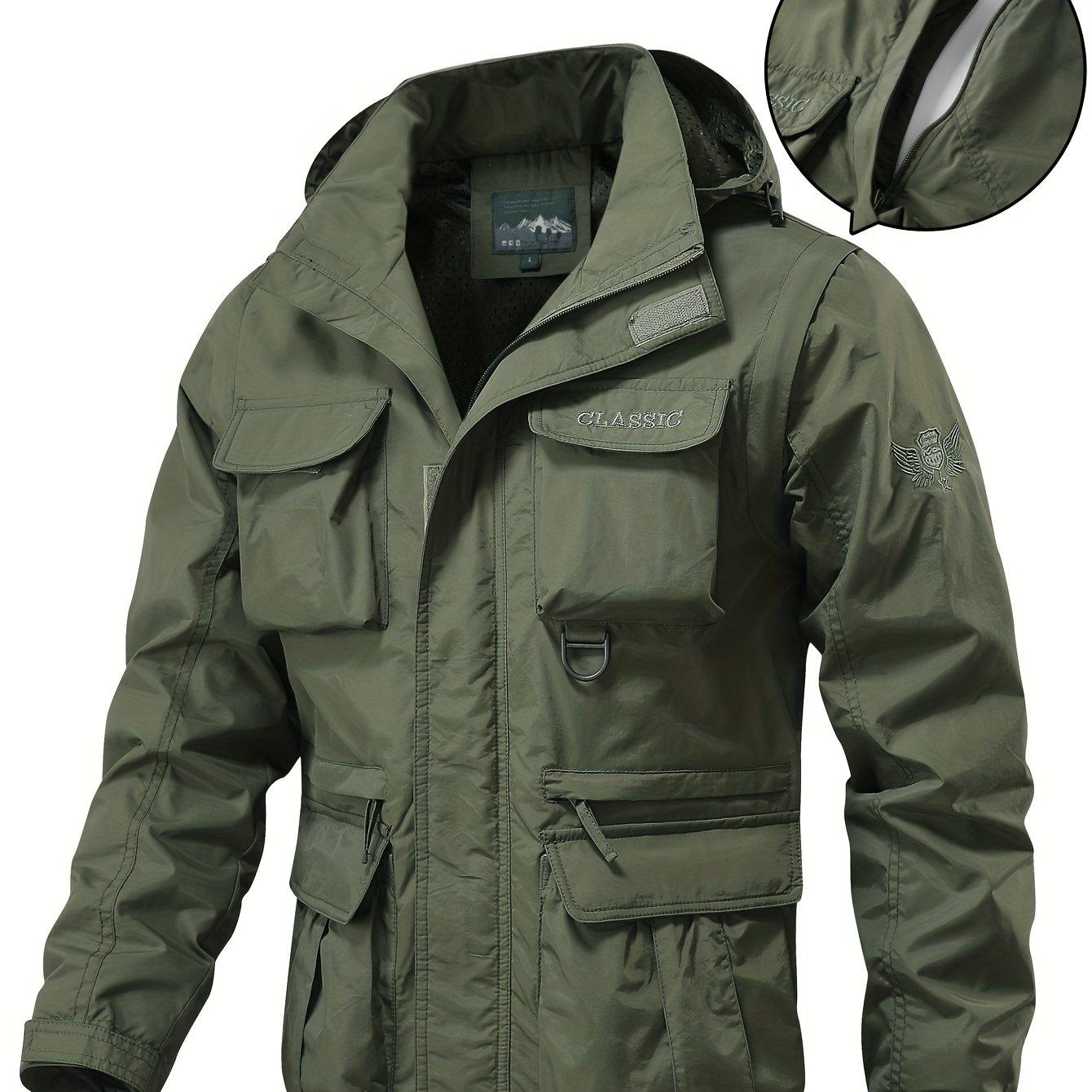 TEMU Detachable Windbreaker Hooded Jacket, Men's Casual Multi Pocket Cargo Jacket Vest For Outdoor Activities