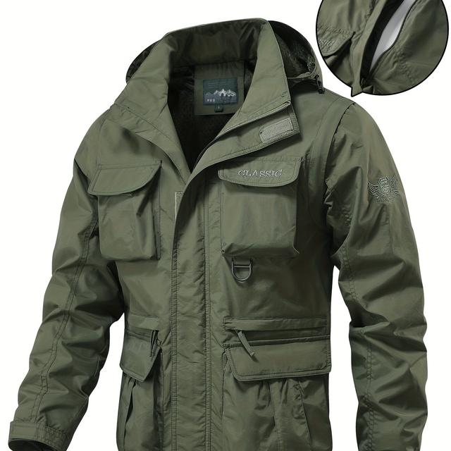TEMU Detachable Windbreaker Hooded Jacket, Men's Casual Multi Pocket Cargo Jacket Vest For Outdoor Activities