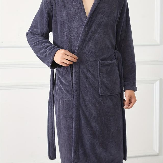 TEMU 1 Stück Korallenfleece Herren Bademantel mit Kapuze, Freizeitkleidung, weich, saugfähig für Badezimmer, Schlafzimmer, Pool