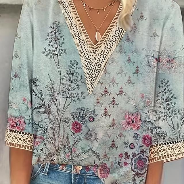 TEMU Plus Size - Plus Size - 2023 New Stylish Plus-size V-neck Lace T-shirt With Casual Random Prints For Women