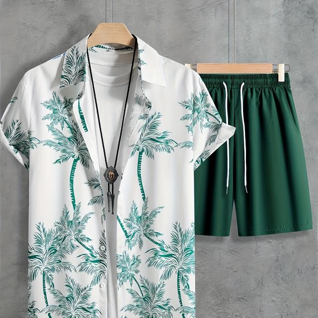 TEMU Impresión de árbol de coco, conjunto de ropa de hombre de 2 piezas, camisa casual de manga corta con cuello de y botones y pantalones cortos con cordón para el verano, ropa de hombre