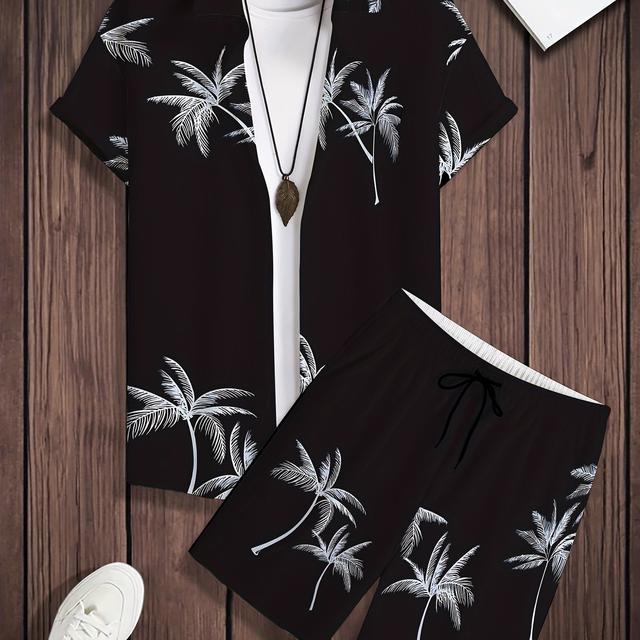 TEMU Men's Casual 2pcs Hawaiian-themed Short Sleeve Shirt & Shorts Set - Black With Print, Loose Fit, Polyester Blend, Summer, Beach Attire|tropical Style|stretchy Fabric, Plus Size