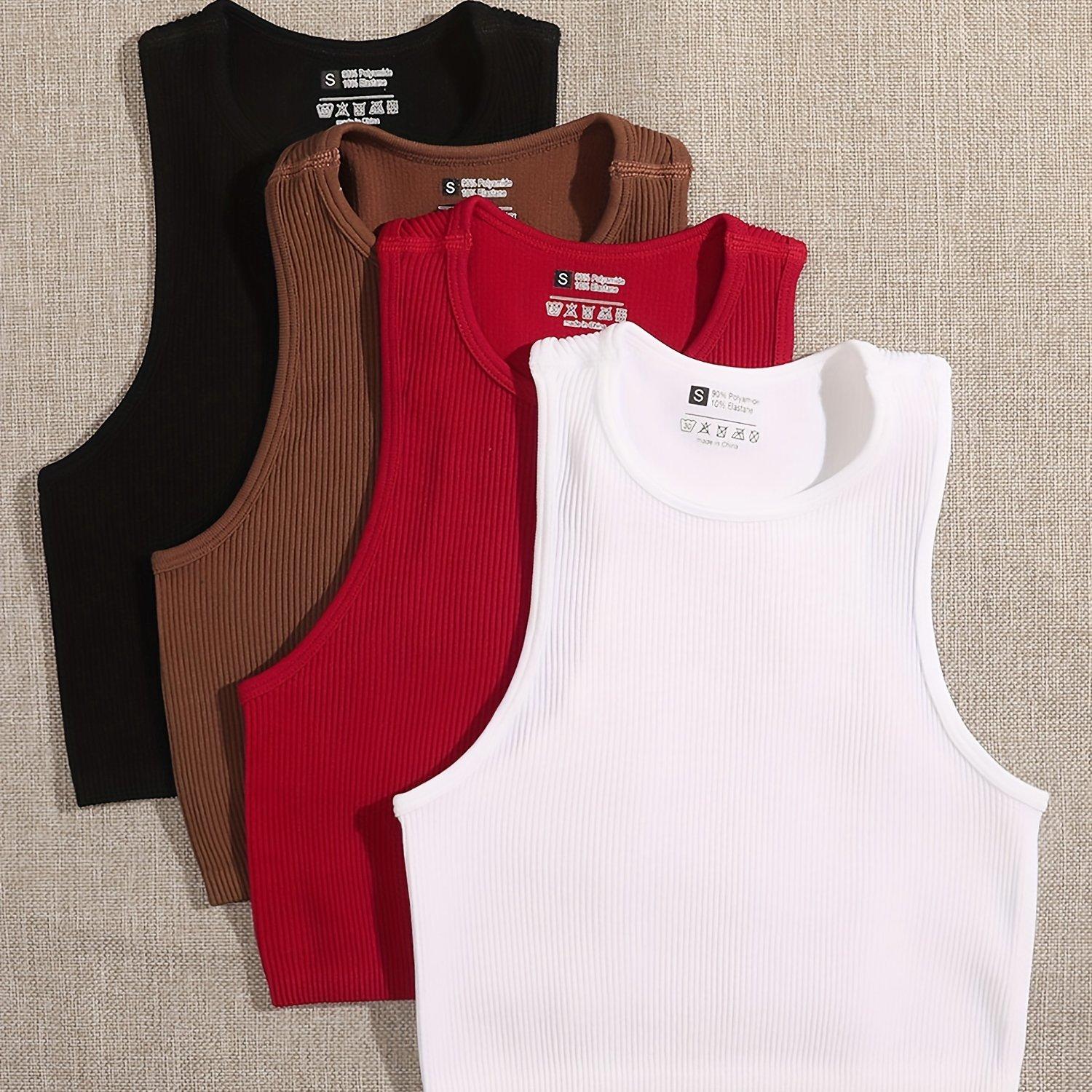TEMU Fly 4pcs Multicolor Seamless Ribbed Crop Top, O-neck Sleeveless Casual Sports Tank Top, Women's Clothing
