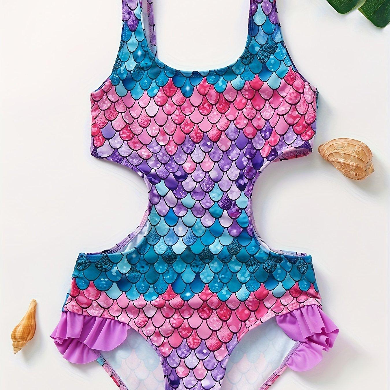 TEMU ' Swimsuit 3~ Girls' Swimsuit Gradient Scale Print Girls' One-piece Swimsuit