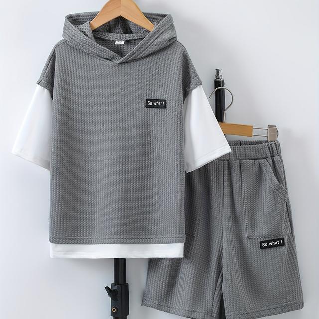 TEMU Jongens Lente/Zomer 2-in-1 Letterprint Korte Mouw Set, Perfect voor Buiten