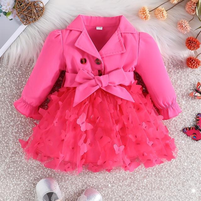 TEMU Girls' Solid Color Casual Cute Mesh Dress + Belt Decoration