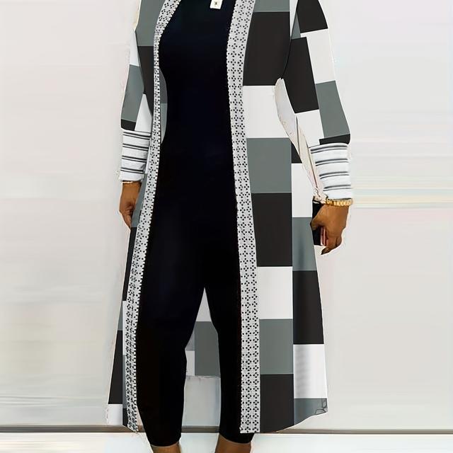 TEMU Trench-coat Grande Taille pour Femme avec Imprimé Géométrique Contrasté, Style Long