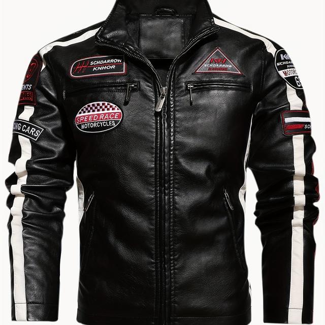 TEMU Men's Motorcycle Racing Jacket With Full-zip Closure, , Stand Collar & Racing Logos - Durable Polyester Lining For Casual & Motorcycle Riding Apparel