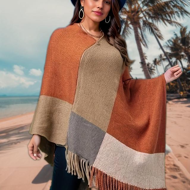 TEMU Grande Taille - Vêtements Tendance Femme Grande Taille avec Cape Châle Patchwork Color-Block Sweater Batwing Manteau