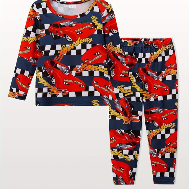TEMU Loose Cartoon Car Homewear For Boys, Long-sleeve Set With Long Pants.