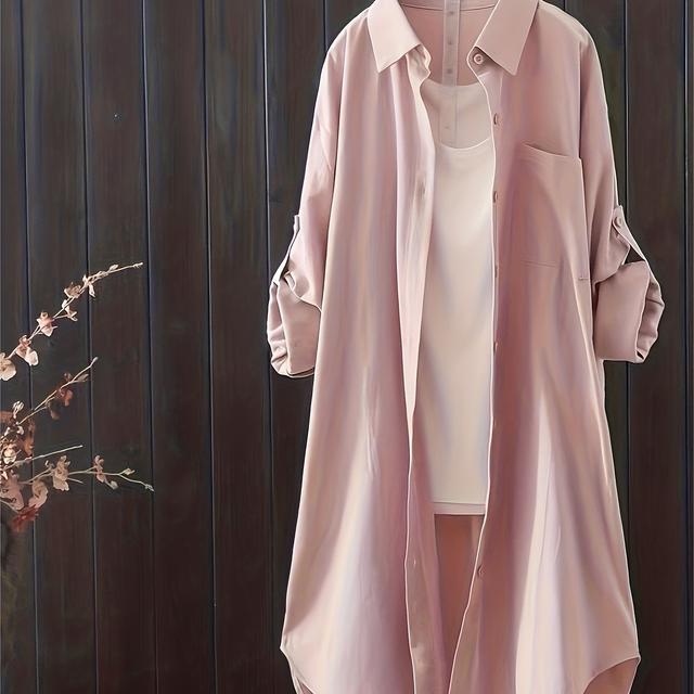 TEMU Lässiges lockeres Oversized-Shirt, einfarbige lange Shirts, koreanische Mode, Midi-Shirts & Blusen, Damenbekleidung, Oberteile