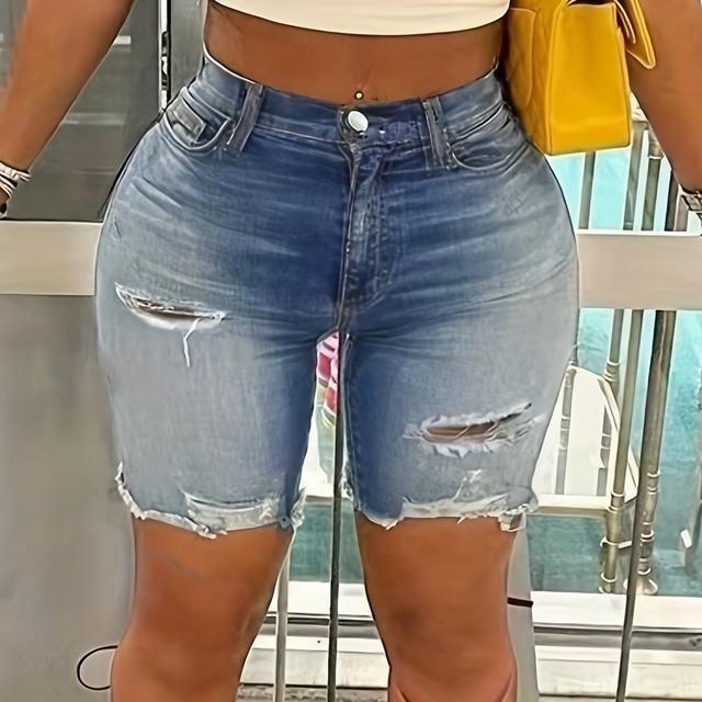 TEMU Ladies' High Stretch Denim Shorts | Vintage Style, Skinny Fit, Zipper Fly, Button Details, Distressed With Multi-functional Pockets, Suitable For Spring/fall