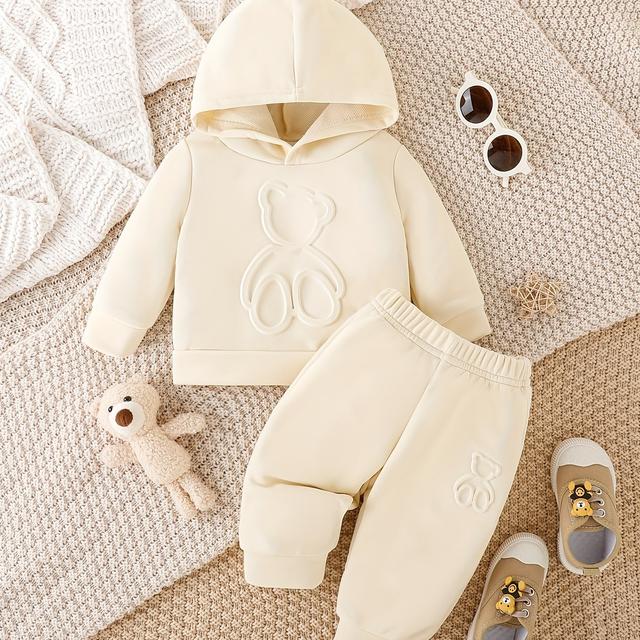 TEMU Boy Bear Embossed Two- Set, Kids Hoodie & Pants Outfits