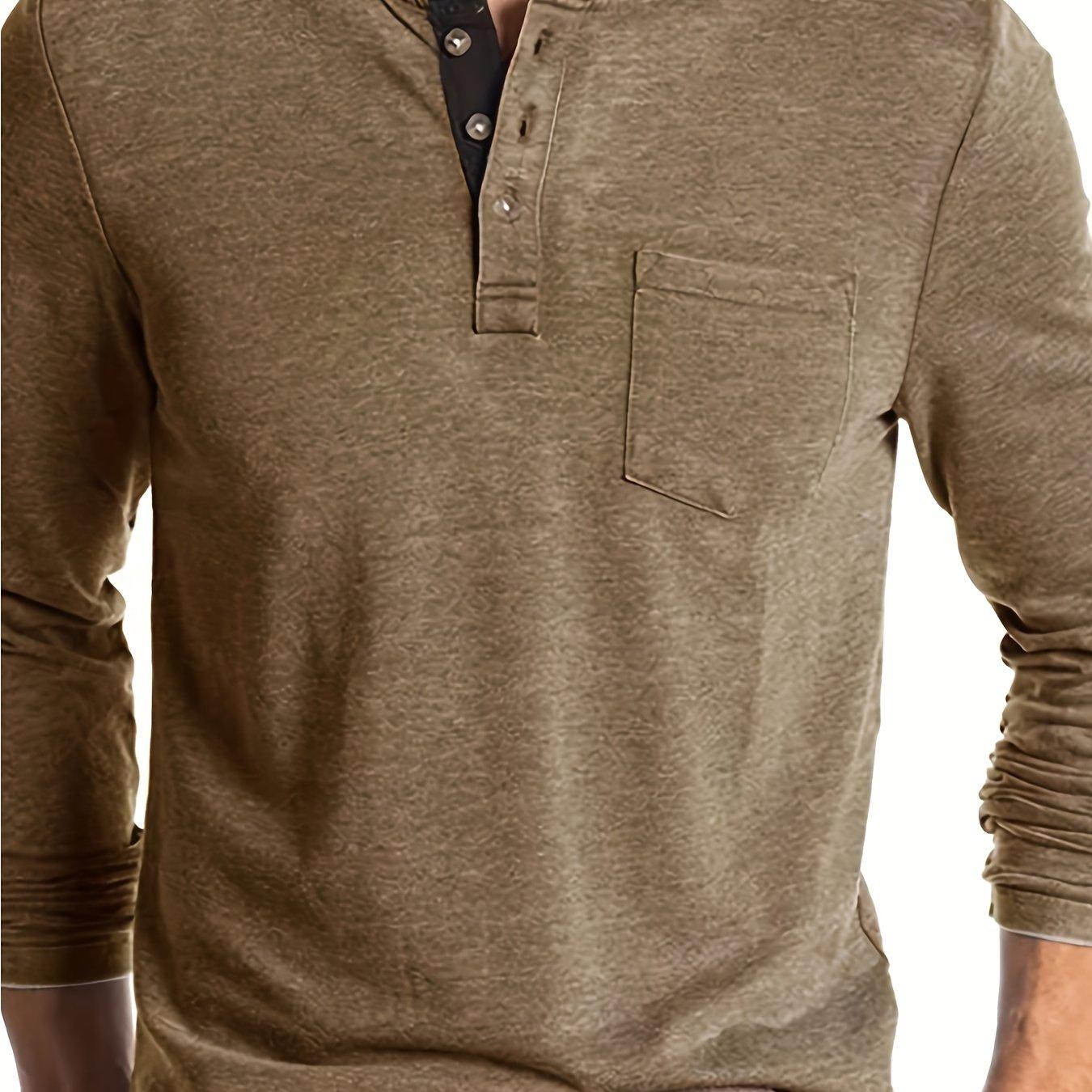 TEMU Plus Size Solid Henley Shirt | Trendy Oversized Slim Fit Long Sleeve, Casual Collar, Pocket Detail, Suitable For Spring/summer/fall