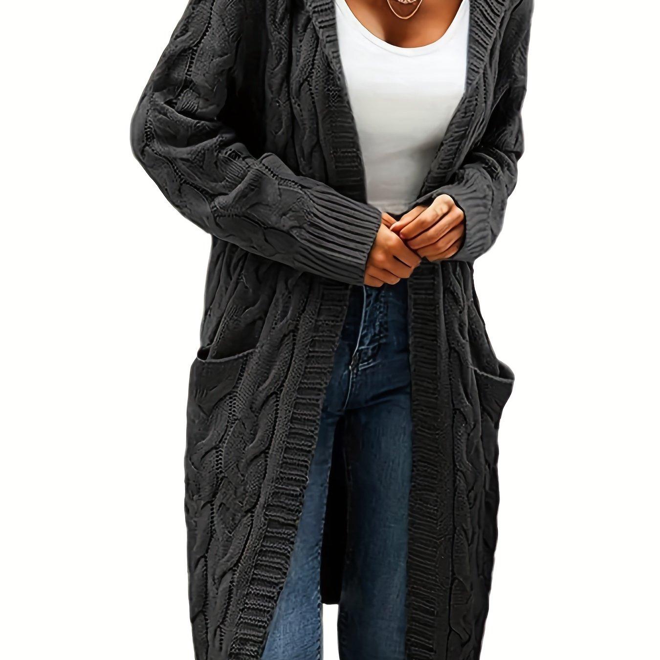 TEMU Women's Mid-length Hooded Cardigan - Soft Stretchy Solid Color Long Sleeve Open Front Sweater With Pockets, Machine Washable Casual For Fall Winter, Everyday , Stylish Hooded Design,