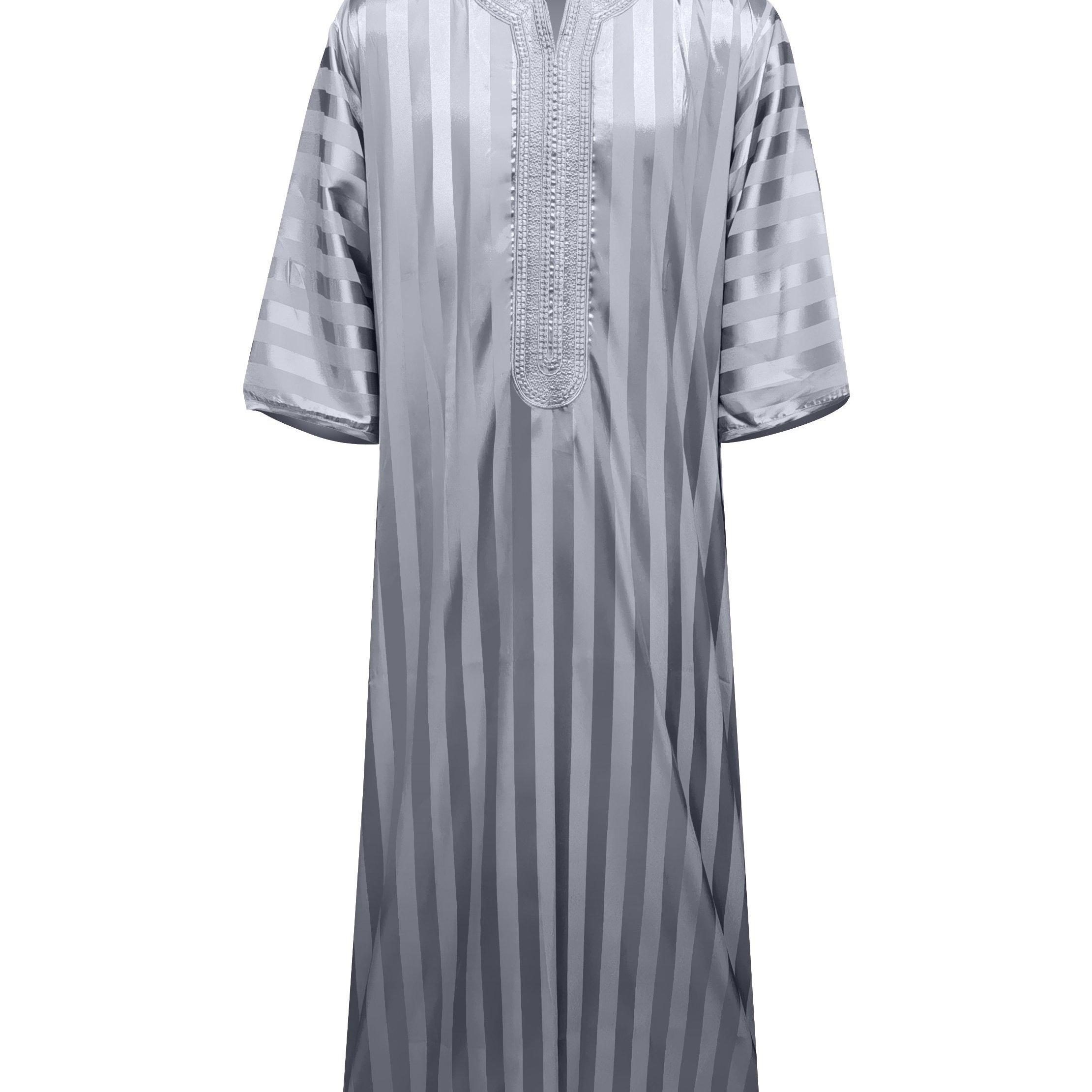 TEMU 2023 New Middle East Moroccan Dubai Clothing Striped Robe Mid-sleeve Embroidery Saudi Ara