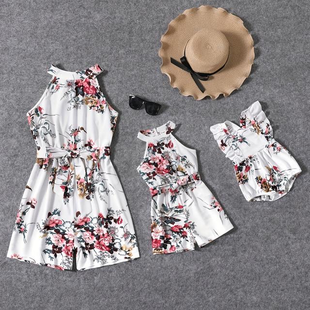 TEMU All Over Floral Print White Halter Neck Off Shoulder Belted Romper Shorts For Mom And Me, Outdoor