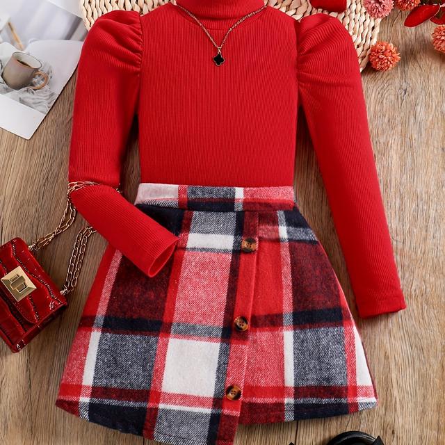 TEMU Girls' Skirt Set For Young Children, Featuring A High-neck Short Skirt, Perfect For Spring And Autumn With An Elegant School Style