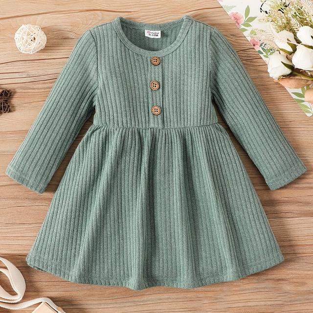 TEMU PatPat Baby-Mädchen, bezaubernd, Knopfleiste vorne, einfarbig, Rippstrick, Rundhalsausschnitt, plissierter Saum, langärmelig, für Frühling und Herbst/Herbst