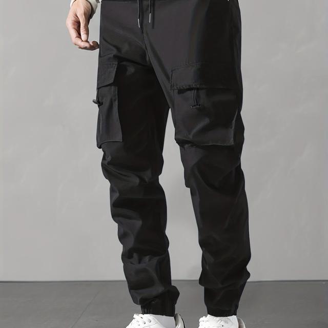 TEMU بنطلون كارجو رجالي كاجوال بخصر برباط - لون سادة، بوليستر، قماش غير مطاطي، مناسب لجميع ، كاجوال، لون سادة، بوليستر