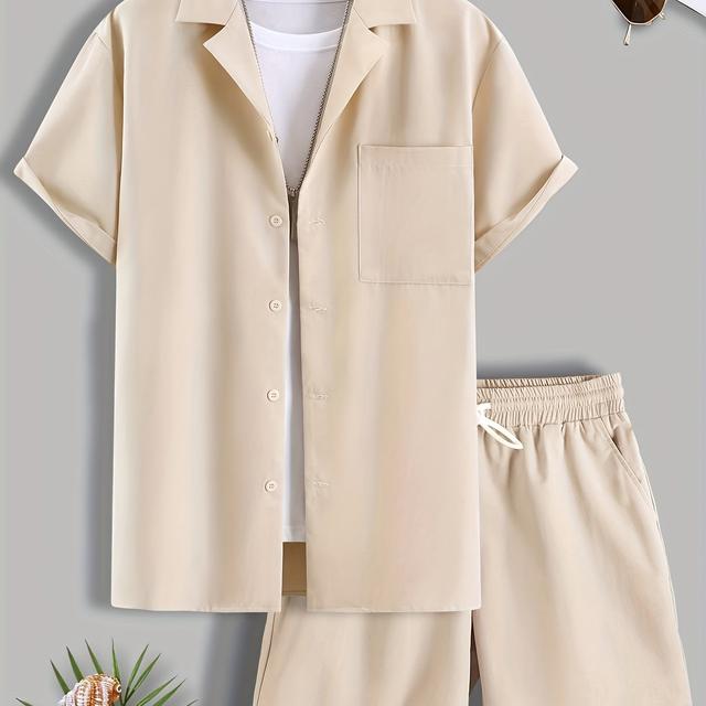 TEMU Men' Color Single Pocket Short Sleeve Shirt And Shorts Casual Pajama Set