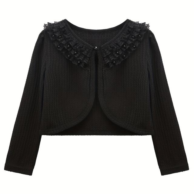 TEMU Cardigan en élégant pour filles, mélange polyester 97% élasthanne 3%, col rond, - manches, couleur unie, coupe standard, fermeture à boutons, de golf, ourlet évasé, extensibilité moyenne - Noir