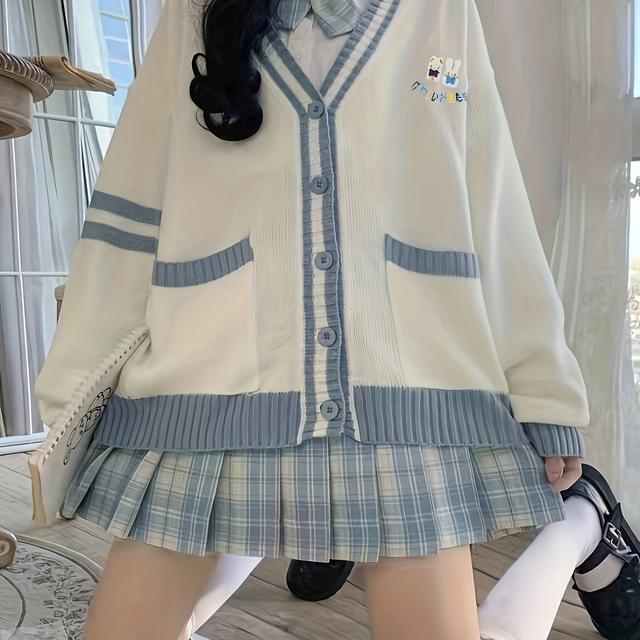 TEMU Cardigan Femme Automne-Hiver Brodé, Style Japonais Color Block Col V Polyvalent Manches Longues Tendance