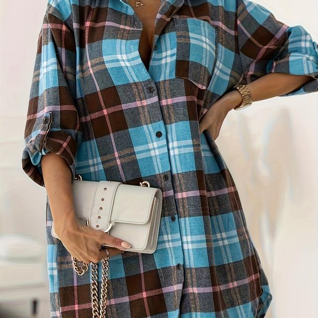 TEMU Plus Size - قميص نسائي كاجوال منقوش بأزرار - كم قصير، ياقة، نمط بلون أزرق فاتح وبني بنقشة المربعات، مثالي للملابس الكاجوال، ملابس لجميع | تصميم ياقة كلاسيكية | قابل للتمدد