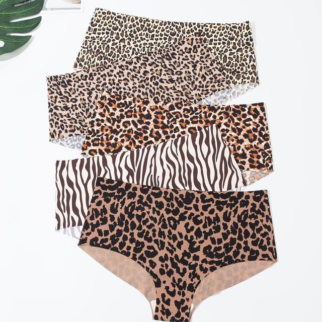 TEMU 5pcs Seamless High-waisted Tummy Control Underwear - Full-coverage Print (leopard Briefs) With Non-sheer Patch, Opaque & Panty For Casual Attire, Postpartum, (hand Wash Only) - Bulk Pack