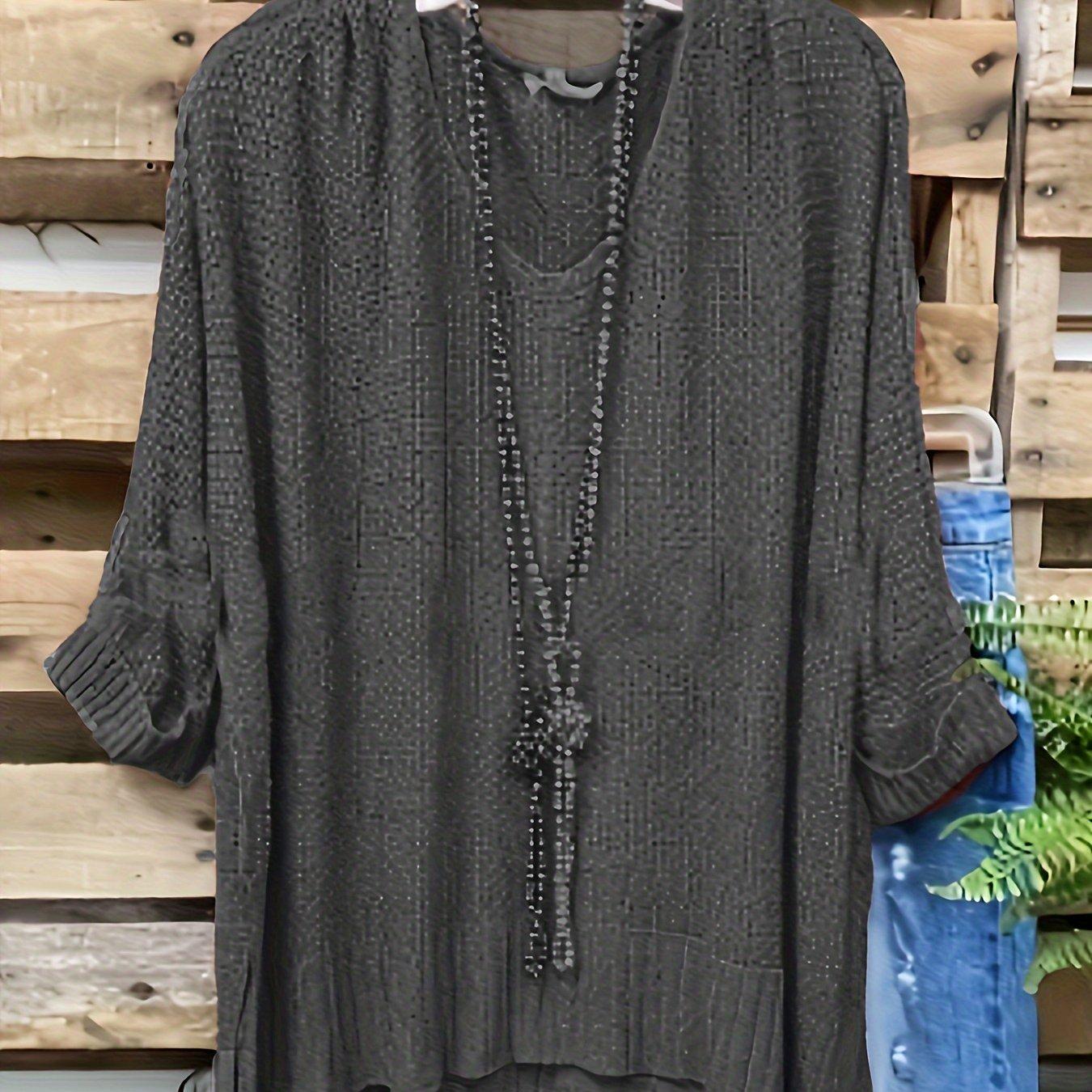 TEMU Lässiger Pullover In Übergröße, Damen-Pullover Mit Einfarbigem, Geripptem Langarm-Pullover Mit V-Ausschnitt Und Seitlichem Schlitz