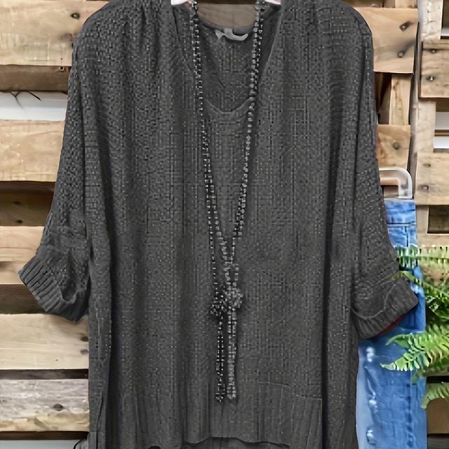 TEMU Lässiger Pullover In Übergröße, Damen-Pullover Mit Einfarbigem, Geripptem Langarm-Pullover Mit V-Ausschnitt Und Seitlichem Schlitz