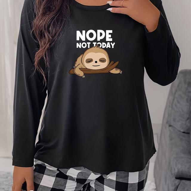 TEMU Lässiges Pyjama-Oberteil In Übergröße, Damen-T-Shirt Mit Niedlichem Faultier- Und Slogan-Aufdruck, Langärmelig, Rundhalsausschnitt, Für Zuhause
