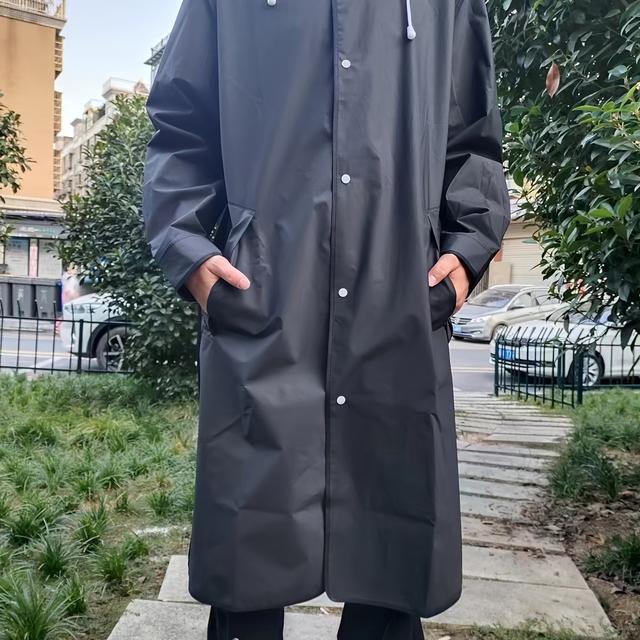 TEMU Men Solid Thicken Hooded Raincoat, Fashion Button Up Drawstring Hooded Raincoat For Outdoor Hiking Trekking Fishing