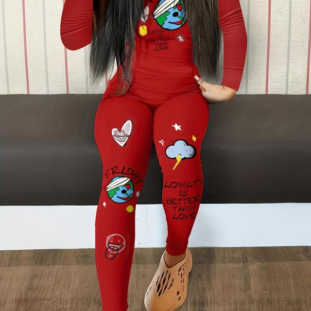 TEMU Graffiti-Druck lässiges Zweiteiler-Set, Rundhalsausschnitt Langarmoberteil & High-Waist-Langhose-Outfits, Damenbekleidung