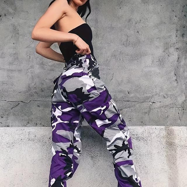 TEMU 25aw Women's Elastic Retro Versatile Casual Fashion Elegant Mid-rise Machine Washable Durable Multi-functional Loose Multi-pocket Camo Print Cargo Jeans Street Style